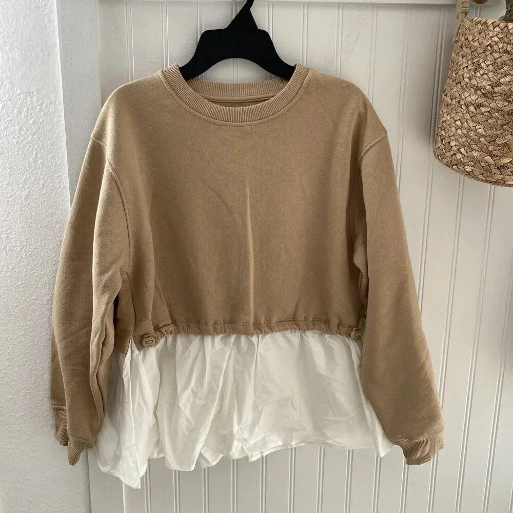 Zara Girls Beige Brown Combination Long Sleeve Sweatshirt Top 11-12Y Fall NWT